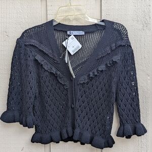 Zara Black Cardigan with Ruffled Sleeves and Knitted Texture